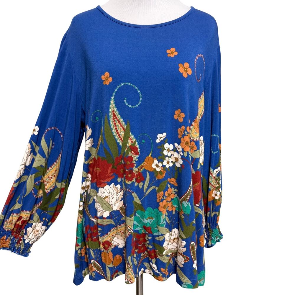 Johnny Was Womens 3/4 Sleeve Floral Blouse Top L Blue Stretch Boho Stretch